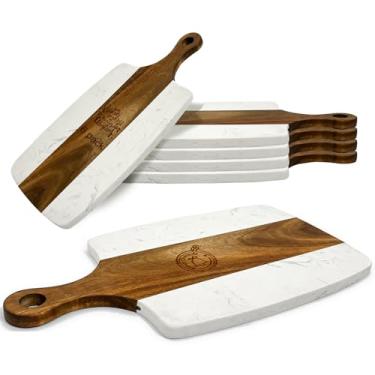 Imagem de Pacote com 6 tábuas de corte de mármore e madeira, bandeja de servir de mármore de acácia com alça, tábua de cortar charcutaria para gravação a laser, presente faça você mesmo (35 x 19 cm)