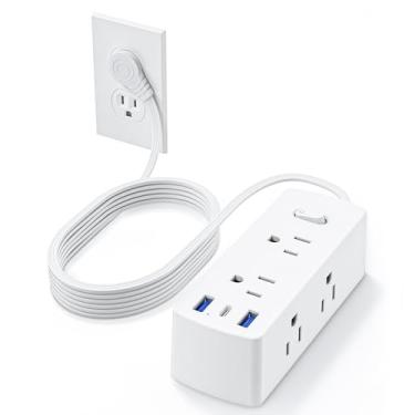 Imagem de Olcorife - Faixa de alimentação de tomada plana, cabo de extensão plano de 5 pés, 6 tomadas, 3 portas USB (1 USB C), extensor de saída de 3 lados, protetor de picos de energia para casa,