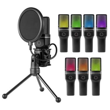 Imagem de Yunir Microfone para jogos, microfone de mesa USB para vídeos de podcasts, streaming, microfone condensador com filtro pop, indicador RGB, tripé, receptor, microfone para jogos com redução de ruído