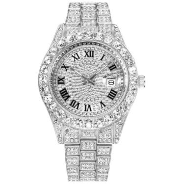 Imagem de HUNRUY Relógio masculino Big Rocks com algarismos romanos totalmente congelados com mostrador colorido, Diamante, prata