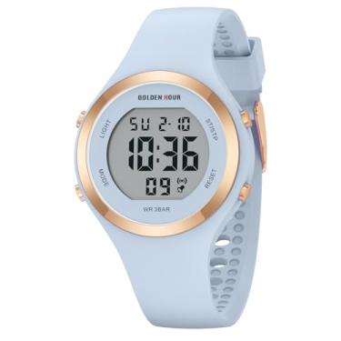 Imagem de GOLDEN HOUR Relógio esportivo feminino com pulseira de silicone com cronógrafo digital à prova d'água, ouro rosa/azul claro