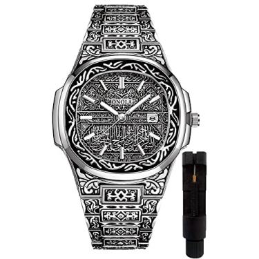 Imagem de HUNRUY Relógios retrô masculinos de quartzo, padrão de tatuagem, pulseira de aço inoxidável, à prova d'água, relógio de pulso, Prata redonda, Luxuoso