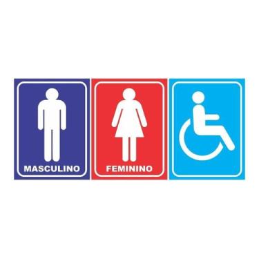 Imagem de Kit 3 Placas Para Banheiro Masculino Feminino Deficiente Pvc - Fixa Pe