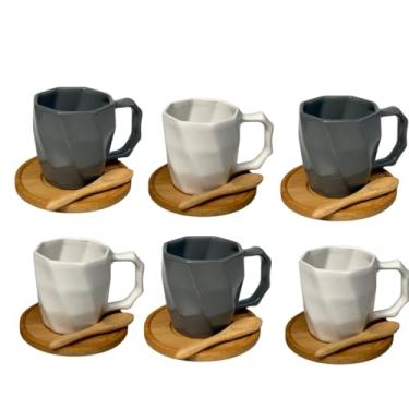 Imagem de Kit 6 Canecas de Cerâmica 120ml com Colheres e Pires de Bambu – Design Minimalista, Ideal para Café e Presentes - E-FCS Store (Branco/Cinza)