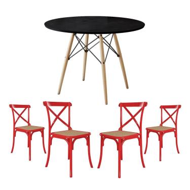 Imagem de Jogo De Mesa Eiffel Redondo Tampo De Madeira 90Cm Preto Com 4 Cadeiras Katrina Vermelhao Bege