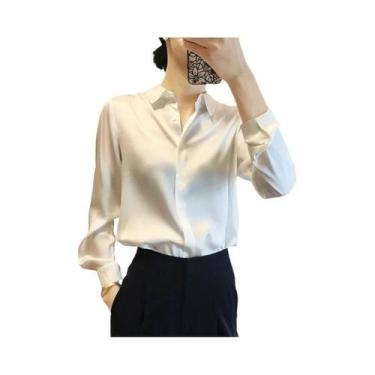 Imagem de Blusas Femininas Elegantes com Manga Longa, Acabamento em Cetim e Botõ