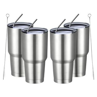 Imagem de MEWAY Copo isolado de 850 g com tampas e canudos, copo de café a vácuo duplo de aço inoxidável, escova, copo de café durável revestido em pó para bebidas frias e quentes, escritório (prata, pacote com