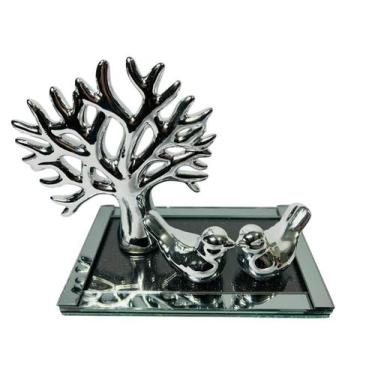 Imagem de Kit Decoração Sala Cerâmica Bandeja Vidro Enfeite Passarinho Árvore da