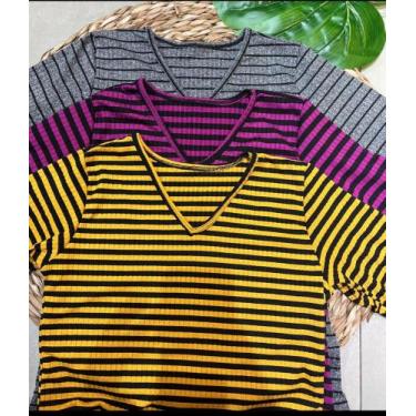 Imagem de Blusa elastano  feminino gola v de manga curta tamanho m listrada disp