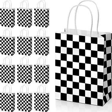 Imagem de 24 Pieces Checkered Race Treat Bags White and Black Checkered Bags Racecar Themed Candy Bags Plaid Kraft Paper Race Car Party Favors Bags Shopping Goodies Bags with Handle for Kids Birthday Party