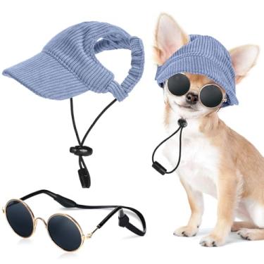 Imagem de Jadive Chapéu de sol azul para cães com orifícios de orelha, óculos de sol para cães e gatos com corda de silicone antiderrapante boné de beisebol ajustável para filhotes de cachorro chapéu de viseira