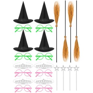 Imagem de Maiteenly Conjunto de 6 peças de lembrancinhas de festa de bruxa, vassouras, coroas de princesa rainha e varinhas de estrelas com glitter, óculos rosa e verde, suprimentos de festa de princesa