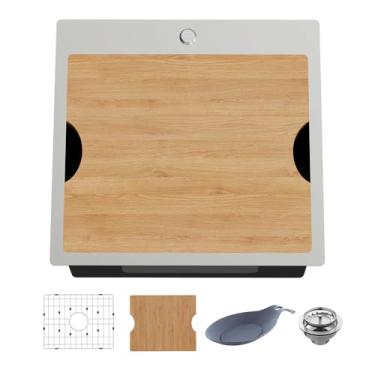 Imagem de Estação de trabalho para pia de cozinha, 53 x 50 cm em aço inoxidável, tigela única, borda embutida, pequena estação de trabalho, pia de cozinha e bar com acessório - tábua de corte de grade SS