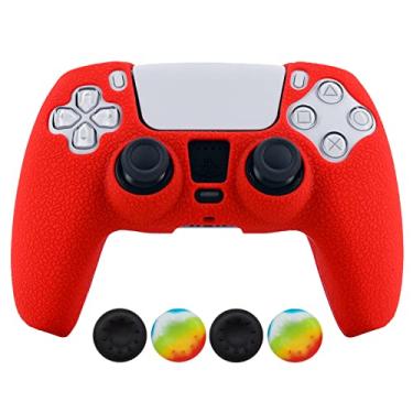 Imagem de Capa de silicone Hikfly para controle PS5, capa de silicone para controle Sony PlayStation5, kits de placas frontais de videogame (1 capa vermelha com 4 tampas para polegar)