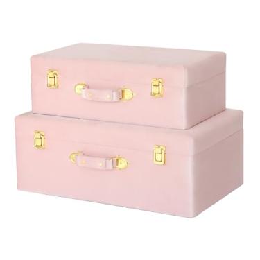 Imagem de HofferRuffer Baús de armazenamento de veludo com moldura de madeira, conjunto de 2 baús de armazenamento com alças, organizador de quarto, caixas decorativas estofadas, tampa articulada com detalhes