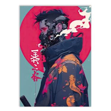 Imagem de Placa Decorativa Anime Samurai Futurista Ilustração Cyberpunk Decoração Poster Quarto Sala
