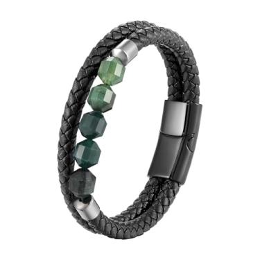 Imagem de CARICY Pulseira masculina de couro trançado olho de tigre/ágata musgo/ônix preto com proteção de pedra de cura para homens pulseiras de punho de aço inoxidável joias, 8.3 in, Zircônia cúbica