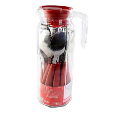 Imagem de Conjunto de Talheres 24 Peças com Jarra de Vidro, Vermelho, Inox e Polipropileno, Capacidade 1L