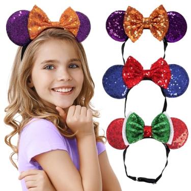 Imagem de Férias (Dia das Bruxas, Natal, 4 de julho) Tiara de orelhas Minnie com laço de lantejoulas brilhantes (3 peças) - orelhas de rato para meninas e mulheres - Faixa de cabeça elástica ajustável, sem dor