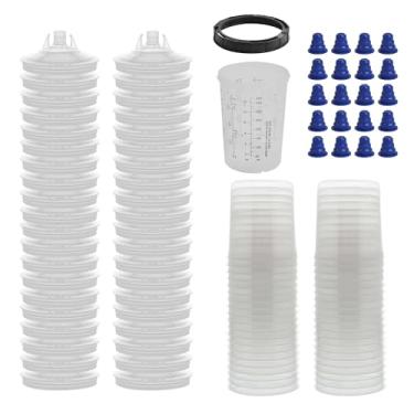 Imagem de WINMAX TOOLS AUTOMOTIVE Forros de copo e sistema de tampa de pistola de pulverização de tinta descartável (kit de copo de 368 g)