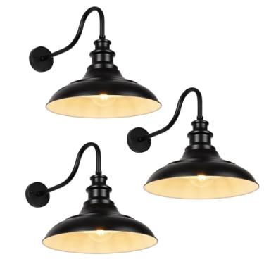 Imagem de Luz externa de celeiro pescoço de ganso para casa de fazenda, luminárias externas vintage de 40,6 cm, 3 peças, antiferrugem, à prova d'água, luz externa para pátio, porta de entrada, preto fosco