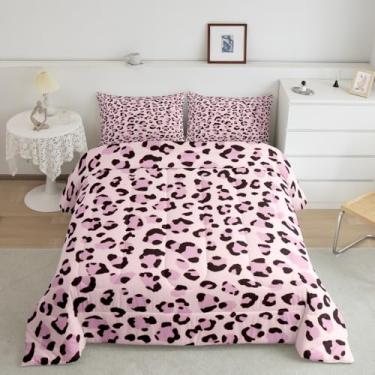 Imagem de Feelyou Conjunto de edredom solteiro com estampa de leopardo rosa, para crianças, meninos, meninas, adolescentes, estampa animal, safári, respirável, conjunto de edredom para decoração de quarto
