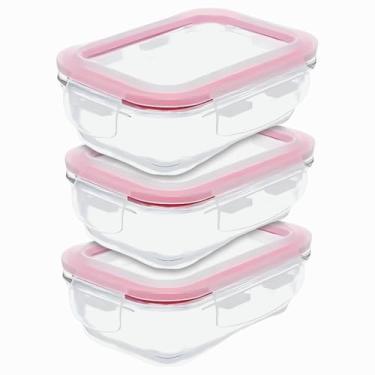 Imagem de Kit 3 Potes de Vidro Hermético Retangular Marmita, Tampa com Vedação, 370 ml. Transparente e Cinza, para Micro-ondas e Freezer