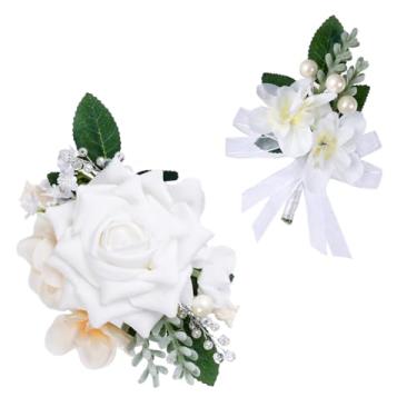 Imagem de HOVEOX Conjunto de 2 peças de corpete e flor na lapela de pulso e boutonniere masculino para casamento, acessórios de flores, decoração de terno de festa (branco)