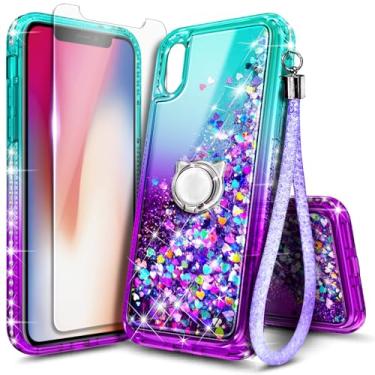 Imagem de Capa NGB projetada para iPhone X e iPhone Xs, Aqua/Roxo | Capa fofa com glitter líquido brilhante para mulheres, meninas e crianças | com protetor de tela de vidro temperado, suporte de anel e cordão