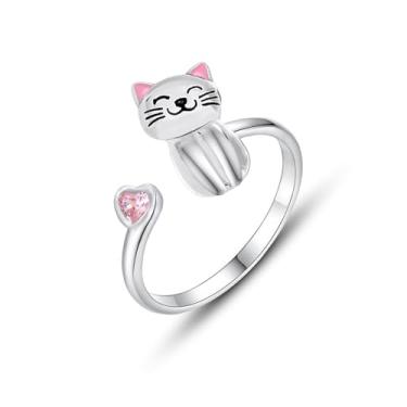 Imagem de NewZenro Lindo gato rosa CZ coração declaração de amor anéis abertos para mulheres delicado banhado a prata animal anel de noivado pequeno anel de dedo confortável ajuste confortável joia moderna para