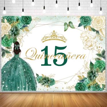 Imagem de Withu Pano de fundo de aniversário de 15 anos de aniversário brilhante dourado verde floral borboleta princesa menina 15º decoração de festa Mis marmelo anos tema banner fotografia fundo 2,1 x 1,5 m