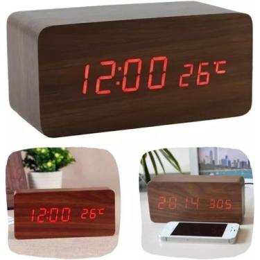 Imagem de Relógio De Madeira Despertador Led Com Controle De Voz Data Hora Tempe