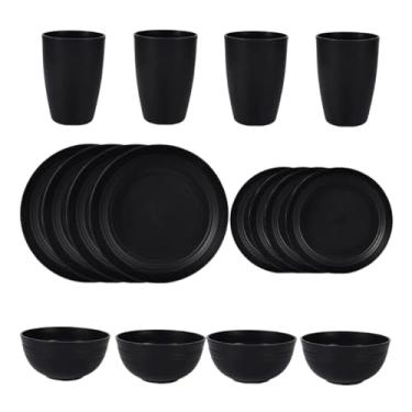 Imagem de Bothyi Conjunto de louças com 16 peças, tigelas redondas de palha PP minimalistas para 4 pratos de sobremesa inquebráveis para camping ao ar livre, cozinha, Preto