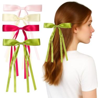 Imagem de Clipe de laço de cabelo para meninas e mulheres, laços de fita com cauda longa, acessórios de cabelo Harajuku para adolescentes, crianças, volta às aulas, Halloween, laço de Natal (bege + vermelho +