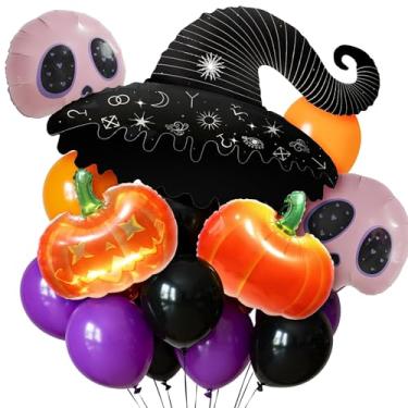 Imagem de TiAaihion 20PCS Halloween Balloons Kit, Witch Hat, Pumpkin, Skull Foil, Purple/Black, Latex Balloons for Spooky Party Decor, Kids Birthday Supplies,Fall, Magic Theme