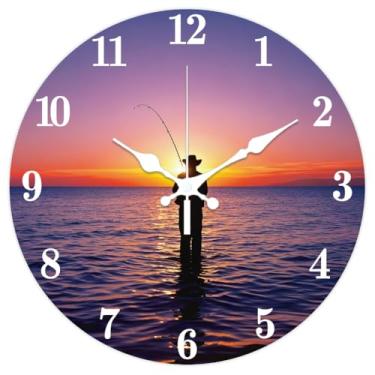 Imagem de CHGCRAFT Relógio de parede padrão de pesca da costa oeste, 30,5 cm, sem tique-taque, à beira-mar, pôr do sol, relógio redondo para pendurar na parede, operado por bateria para quarto, sala de estar