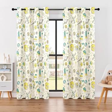 Imagem de BOHOMOCASA Cortinas blackout de espaço infantil UFO e Rocket – 100% blackout, isolamento térmico, redução de ruído, perfeitas para quarto de crianças e berçário, 2 painéis (caderno de esboços Space