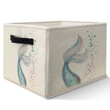 Imagem de Likjad Cesta de armazenamento de sereia oceânica, caixa de brinquedos para quarto de meninas, caixa de armazenamento de tecido dobrável com cauda de sereia com glitter para quarto, banheiro, roupas