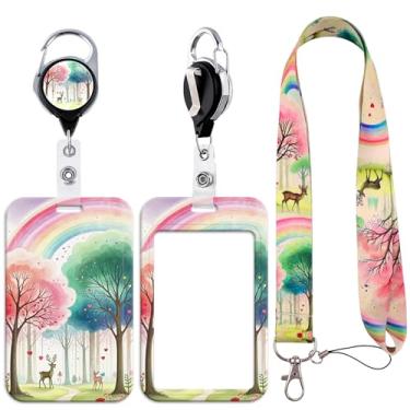 Imagem de Cordão fofo com porta-cartão de identificação deslizante autoretrátil, suporte de crachá de identidade estético, arco-íris, floresta, com clipe de chaveiro giratório 360 para escritório, escola