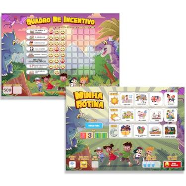 Imagem de Kit Quadro de Rotina Infantil + Quadro de Incentivo ao Bom Comportamento Recompensa 30x40 +1 Caneta e 200 tags quadro de Parede (Dinossauro)
