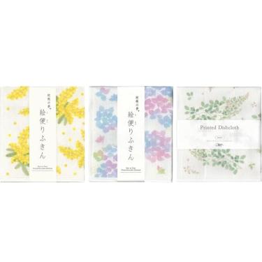 Imagem de Nawrap Panos de prato estampados - Conjunto de 3 - Mimosa + Hortênsia + trevo do arbusto - Design de flor - Feito no Japão