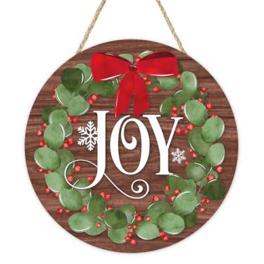 Imagem de Bolisom Placa de Natal Joy para porta da frente, folhas de eucalipto, bagas vermelhas, arco de madeira, varanda externa, decoração de casa, floco de neve, casa de fazenda, guirlanda de madeira