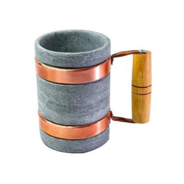 Imagem de Caneca Alça Cobre E Madeira Pedra Sabão Chopp Cerveja 600ml - INDUSTRI