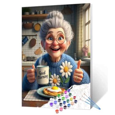 Imagem de Pintura Happy Grandma por números Granny Eat Breakfast DIY pintura em tela com pincéis, pigmento, fácil de pintar, artesanato de cozinha, pintura faça você mesmo, decoração de casa, desenhos, presente