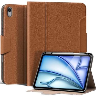 Imagem de XFYKJIN Capa de couro para iPad Air 11/10.9 (2020-2025 M3/M2/5ª/4ª geração) com suporte de lápis e fivela, despertar/hibernar automaticamente, suporte ajustável à prova de choque, marrom