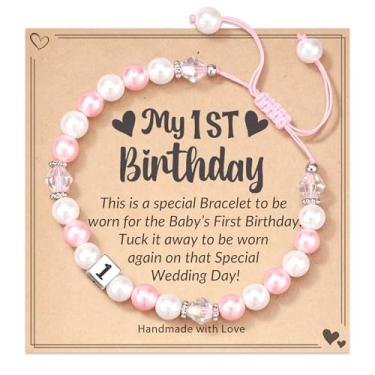 Imagem de HGDEER Presentes de aniversário de 1 ano, pulseira ajustável rosa e branca de pérola para meninas de um ano, Metal, Sem pedras preciosas
