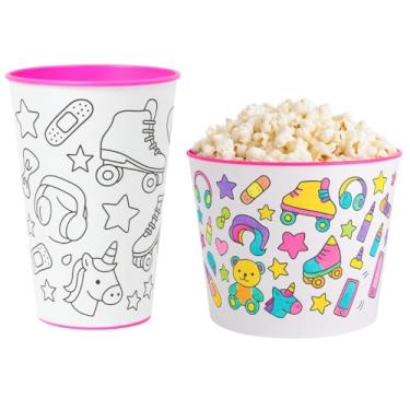 Imagem de Copo Infantil e Balde de Pipoca p/Colorir Desenho Kit Cinema em Casa (Menina patins)