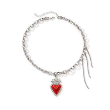 Imagem de liveliwithmin Colar gargantilha gótico de coração vermelho longo com borla para mulheres punk em forma de coração demoníaco joia moderna coroa coração declaração colar colar joia de presente de