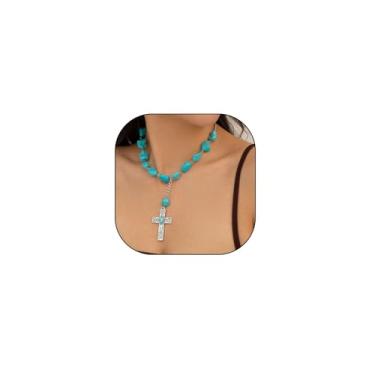 Imagem de liveliwithmin Colar étnico irregular turquesa com pingente de cruz de prata e contas vintage turquesa cruz declaração colar moderno ouro Ot corrente, one size, Metal, Sem Pedra Preciosa