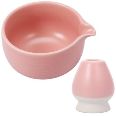 Imagem de ZFLYCANP Tigela de matcha cerimonial com suporte de batedor, kit matcha artesanal estilo japonês, tigela matcha de cerâmica japonesa para uso doméstico (rosa)
